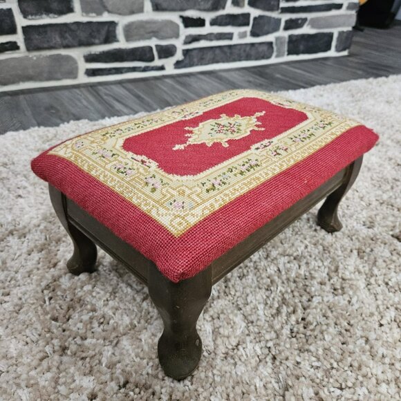 Vintage Solid Wood Footstool Ottoman with Flower Needlepoint Top - Picture 4 of 4